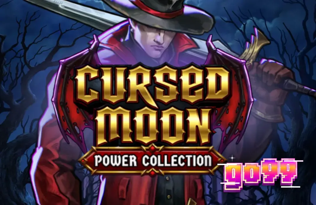 Giao diện trò chơi xèng Cursed Moon Power Collection với thợ săn áo đỏ và bối cảnh rừng đêm u tối